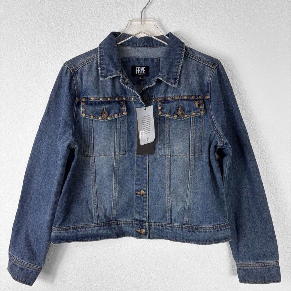 New Frye Womens Jean Jacket M Blue Studded Western Medium Wash Cowgirl Festival
